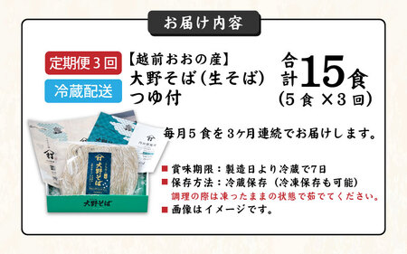 【3ヶ月定期便】越前大野産 石臼挽き 越前そば 生そば5食 × 3回 計15食（つゆ付）