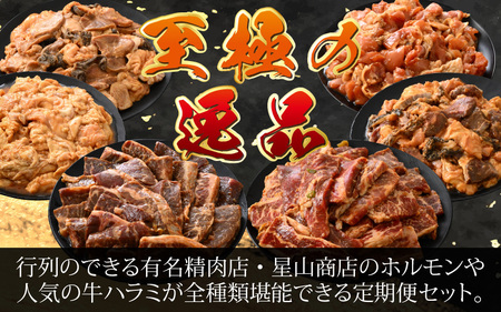 【6ヶ月定期便】【全国ホルモン大会初代優勝】星山ホルモン全種、若鶏、牛ハラミ、牛カルビの6ヶ月定期便セット【行列のできるお店】