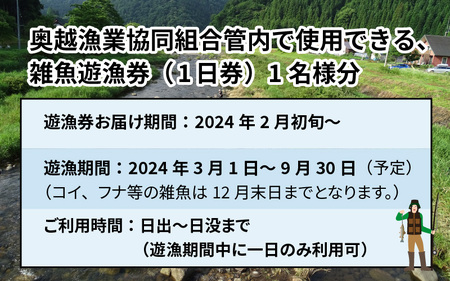 【2024年分】奥越漁業協同組合管内「雑魚遊漁券（1日券）」1名様分