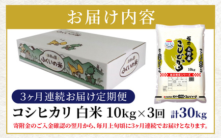 【3ヶ月定期便】【令和7年産】大野産コシヒカリ（白米）10kg×3回 計30kg【大野ブランド米 名水育ち】[G-097001]