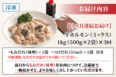 【3ヶ月定期便】ホルモンの老舗 六間星山の牛ホルモン（ミックス）1kg（500g×2袋）×3回　合計3kg[C-026002]