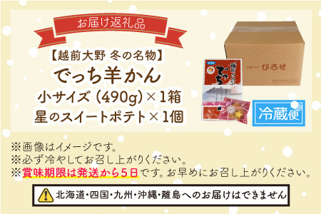 【先行予約】福井県大野市 冬の名物 でっち羊かん (お菓子のひろせ 水ようかん) 小サイズ (490g)×1箱+星のスイートポテト【11月～順次発送】