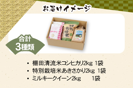 名水の里越前大野の「お米食べ比べセット」コシヒカリ・あきさかり・ミルキークイーン 各2kg×1袋