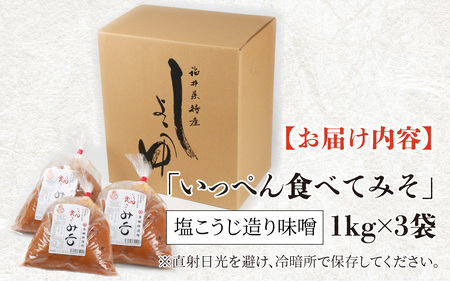 奥越・勝山 創業明治7年 吾田醸造場の 塩こうじ造りみそ「いっぺん食べてみそ」 1kg×3袋 [A-074005]