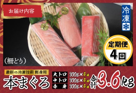 【定期便】【4ヶ月連続お届け】 刺身用！本マグロ堪能セット（柵どり）計900g × 4回【最新の冷凍技術】