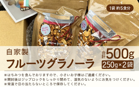 無添加 自家製 フルーツグラノーラ 250g×2袋（計500g） ／ 着色料不使用 オーガニック 果物 ドライフルーツ オートミール ヨーグルト 牛乳 シリアル 朝食 グルメ お取り寄せ ギフト 国産 ドライフルーツ ミックス クランベリー レーズン ナッツ きび砂糖 小分け グラノラ [aw051-a003]