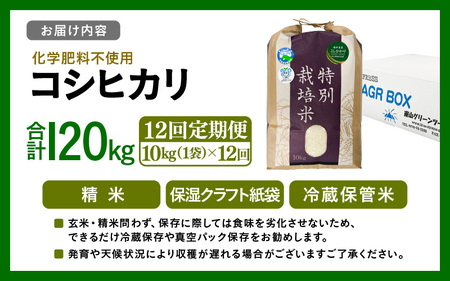 【令和7年産】定期便 ≪12ヶ月連続お届け≫  化学肥料不使用 特別栽培米 コシヒカリ 精米 10kg × 12回（合計120kg） [aw010-p002]