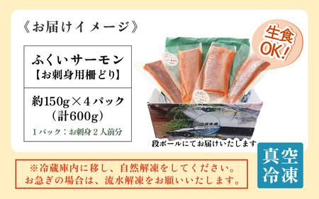 鮮度抜群！アレンジ自在！ふくいサーモンお刺身用柵どり 600g ≪真空冷凍≫ 150g×4パック ／ 生食OK 刺身 鮭 国産 [aw002-b004]