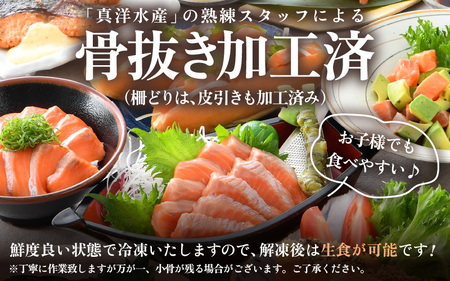 ふくいサーモンセット 計600g（切り身100g×3切・柵どり150g×2パック）＜鮮度抜群！アレンジ自在！真空冷凍＞ ／ 生食OK 刺身 焼き魚 鮭 国産 [aw002-b005]