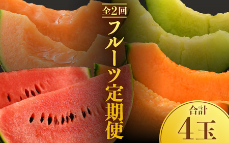 【先行予約】《定期便全2回》佐藤農園のフルーツ定期便 朝採り 計4玉（小玉スイカ・マルセイユメロン・レノンメロン・ペルルメロン）農家直送 秀品 お届け！※2026年6月上旬より順次発送 [aw069-b001]