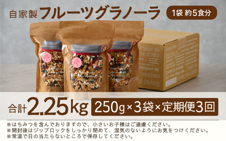 ＜定期便3回＞ 無添加 フルーツグラノーラ 250g×3袋 750g（計2.25kg）自家製 フルーツグラノーラ ／ 着色料不使用 オーガニック 果物 ドライフルーツ オートミール ヨーグルト 牛乳 シリアル 朝食 グルメ お取り寄せ ギフト 国産 ドライフルーツ ミックス クランベリー レーズン ナッツ きび砂糖 小分け グラノラ [aw051-c001]