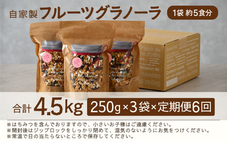 ＜定期便6回＞ 無添加 フルーツグラノーラ 250g×3袋 750g（計4.5kg）自家製 フルーツグラノーラ ／ 着色料不使用 オーガニック 果物 ドライフルーツ オートミール ヨーグルト 牛乳 シリアル 朝食 グルメ お取り寄せ ギフト 国産 ドライフルーツ ミックス クランベリー レーズン ナッツ きび砂糖 小分け グラノラ [aw051-f001]