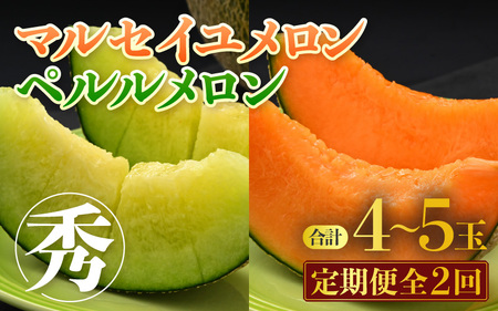 【先行予約】《定期便全2回》佐藤農園のメロン好きにはたまらん！赤肉青肉食べ比べ（マルセイユ・ペルルメロン）計4～5玉 農家直送 秀品 お届け！/ 特産 旬 夏 果物 完熟 メロン 朝どれ 美味しい お取り寄せ ※2026年6月上旬より順次発送 [aw069-b002]