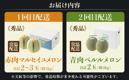 【先行予約】《定期便全2回》佐藤農園のメロン好きにはたまらん！赤肉青肉食べ比べ（マルセイユ・ペルルメロン）計4～5玉 農家直送 秀品 お届け！/ 特産 旬 夏 果物 完熟 メロン 朝どれ 美味しい お取り寄せ ※2026年6月上旬より順次発送 [aw069-b002]