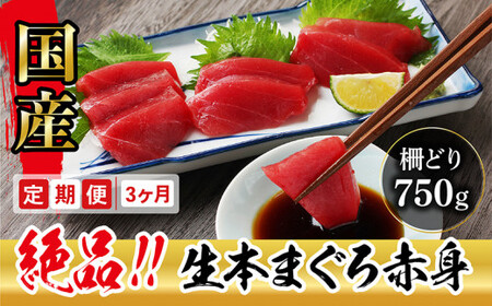 【定期便3回】冷蔵でお届け！大満足！生本マグロ 赤身（柵どり） 750g × 3回お届け （毎月お届け）