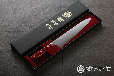 高村作】鍔付スーパーゴールド ワインレッド柄 牛刀 210mm