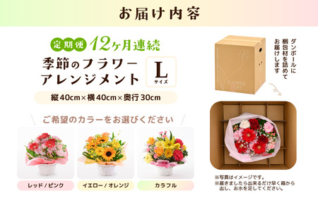 定期便 ≪12ヶ月連続お届け≫ 選べるカラー 季節のフラワーアレンジメント L (イエロー・オレンジ) 【お花 フラワー アレジメント 花束 ギフト 生花 プレゼント 花束 花 記念日 敬老の日 お祝い】 [O-20701_02]