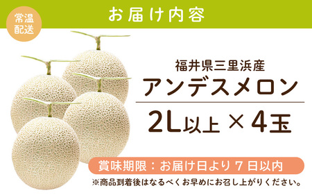 【先行予約】【数量限定】三里浜アンデスメロン 2L以上 × 4玉 【2026年6月下旬より順次発送】 [A-16513]