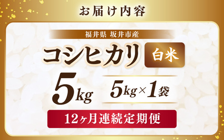 【先行予約】【令和8年産・新米】 定期便 ≪12ヶ月連続お届け≫ 坂井市産 コシヒカリ 白米 5kg×12回 計60kg (アグリ川崎) 【2026年10月以降順次発送予定】 【米 こめ お米 精米 ブランド米 こしひかり 国産】 [K-20505]