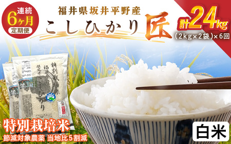 【6ヶ月連続お届け】令和7年産 特別栽培米 コシヒカリ匠 4kg（2kg×2袋）×6回 計24kg 節減対象農薬当地比5割減【白米】お米 コシヒカリ [J-2909_01]