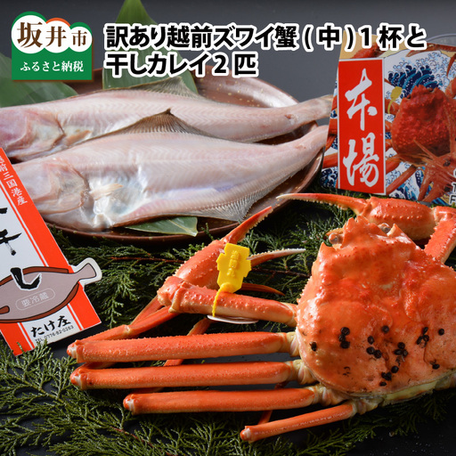 【先行予約】訳あり ≪茹で≫越前ズワイ蟹(中) 1杯 と 干しカレイ 2匹【2026年1月～3月発送予定】【カニ かに わけあり 海鮮 蟹 越前がに 越前ガニ ずわいがに ズワイガニ 姿 まるごと 日本海 冬の味覚 国産 県産 セット 干物】 [G-1603]
