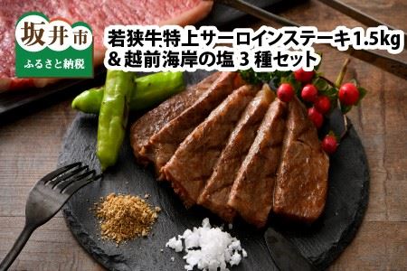 若狭牛 特上サーロインステーキ 250g × 6枚 & 越前海岸の百笑の塩・結晶塩・若狭牛専用スパイス セット [J-1852]