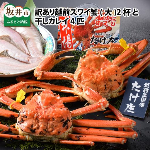 【先行予約】訳あり≪茹で≫越前ズワイ蟹(大) 2杯 と 干しカレイ 4匹【2026年1月～3月発送予定】 [O-1603]