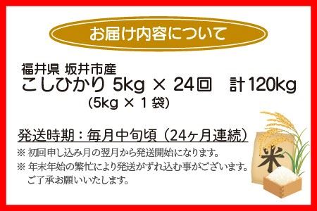 【定期便 24回 梅コース】 坂井市産コシヒカリ 5kg×24回 計120kg ～驚愕のコシヒカリ2年分～ 【米 こめ お米 ご飯 こしひかり 精米 5キロ ふるさと納税米】 [N-3204]