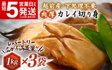 越前産 カレイ 切り身 計3kg（1kg × 3袋） バラ凍結 最短5営業日以内発送！使い勝手抜群 カレイ ！福井県網元漁師が厳選 カレイ ！ 肉厚な越前産 カレイ（無塩） 【 焼き魚 カレイ 煮付け カレイ バラ凍結便利 カレイ 】 カレイ かれい [e15-a033]