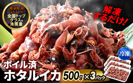 解凍するだけ ! 越前町産 ボイル済 ホタルイカ 計1.5kg（500g × 3P） 急速凍結 冷凍 ほたるいか 全国トップクラスの漁獲量【茹で ボイル 日本海 いか イカ 烏賊 福井県 魚介 海鮮 惣菜 さかな おつまみ 酒の肴 お取り寄せ グルメ 宅飲み 小分け 日常使い】 [e15-a054]