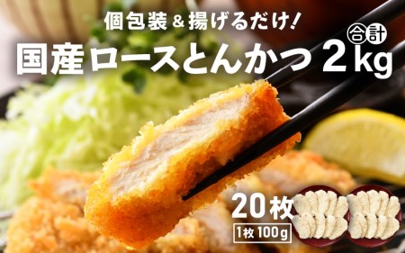 国産 豚肉 ロースとんかつ 計2kg！（100g × 20枚）地元の人気精肉店が手造り！個包装＆揚げるだけ！【冷凍 小分け】 [e02-a010]