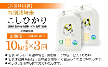 米 定期便 ≪3ヶ月連続お届け≫ 特別栽培米 コシヒカリ 10kg × 3回 福井県産米（有機肥料100% 農薬7割減）【令和6年産 新米 人気品種 こしひかり 計30キロ】 [e10-h001]