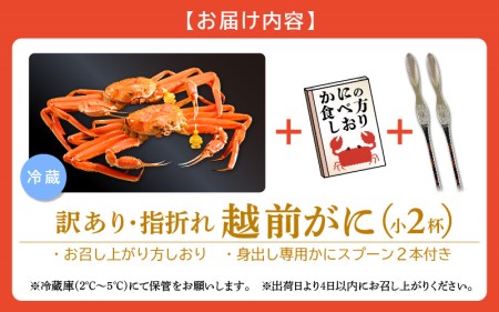 【訳あり】≪浜茹で≫指折れ 越前がに（小） × 2杯 【3月発送分】 食べ方しおり かにスプーン付き【雄 ズワイガニ ずわいがに 越前ガニ 姿 ボイル 冷蔵 福井県】希望日指定可 備考欄に希望日をご記入ください [e15-x001_03]