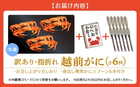 【訳あり】≪浜茹で≫指折れ 越前がに（小） × 6杯 【1月発送分】 食べ方しおり かにスプーン付き【雄 ズワイガニ ずわいがに 越前ガニ 姿 ボイル 冷蔵 福井県】希望日指定可 備考欄に希望日をご記入ください [e15-x002_01]