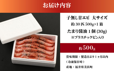 新鮮美味！ 甘エビ(船凍甘エビ 大サイズ)約500g おいしいたまり醤油付【えび エビ 海老 甘えび 海鮮 お造り 刺身 おせち 海鮮丼 生食 急速冷凍 福井】[m21-a036]