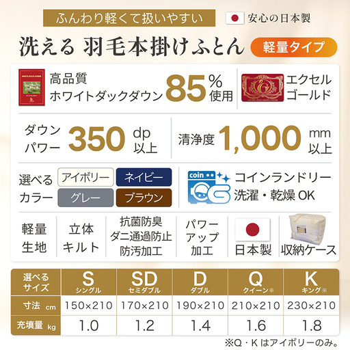 冬用】洗える 羽毛布団 本掛け 軽量 ダブル ホワイトダックダウン85