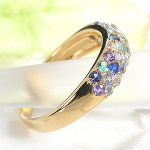 指輪 K18YG イエローゴールド マルチカラー パヴェリング サファイア エメラルド 花畑 ブルー 青系 誕生石 カラーストーン 【f235-b-k18yg】 ALPAZ110