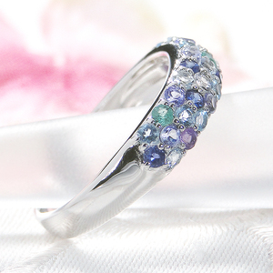 指輪 プラチナ PT900 マルチカラー パヴェリング サファイア エメラルド 花畑 ブルー 青系 誕生石 カラーストーン【f235-b-pt】 ALPAZ111