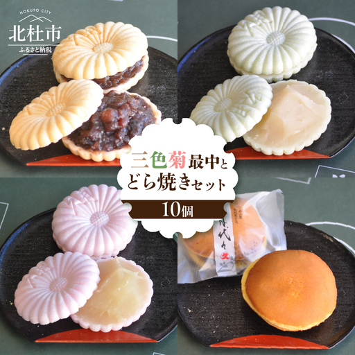 三色菊最中とどら焼き　合計１０個入り　最中 どら焼き 和菓子 お茶菓子 セット 数量限定 計10個入り 小豆粒餡 白餡 柚子餡 粒餡 贈答品 引菓子 お供え物 山梨県 北杜市 ギフト 人気 バレンタイン チョコ以外 ホワイトデー お返し [h279]