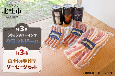 うちゅうブルーイング クラフトビール3本と名水百選で知られる白州の手作りソーセージ3種セット クラフトビール ソーセージ ウインナー ベーコン 詰め合わせ セット 3本 350ml 宇宙ビール うちゅうブルーイング シポラタウインナー チョリソーソーセージ ソフトベーコン 食べ比べ 飲み比べ