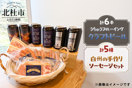 うちゅうブルーイング クラフトビール6本と名水百選で知られる白州の手作りソーセージ5種セット  ソーセージ ウインナー ベーコン ハム 詰め合わせ セット 350ml 宇宙ビール シポラタウインナー 大葉ソーセージ 野沢菜ソーセージ ソフトベーコン カスラハム 食べ比べ 飲み比べ