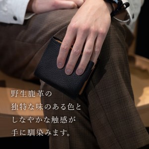FACE-M (革のカシミヤ　北杜市産鹿革の二つ折り財布）BK（ブラック×キャメル） 財布 ウォレット サイフ 鹿革 レザー財布 野生鹿革 ヴィンテージソフトレザー アップサイクルレザー レザー 北杜市 国産
