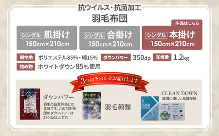 羽毛 本掛け布団 シングルサイズ ホワイトダウン85％ 布団