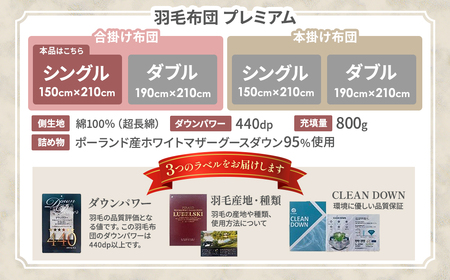 羽毛 合掛け布団プレミアム シングルサイズ ホワイトマザーグースダウン95%　