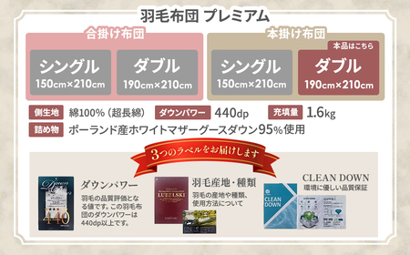 羽毛 本掛け布団プレミアム ダブルサイズ ホワイトマザーグースダウン95％