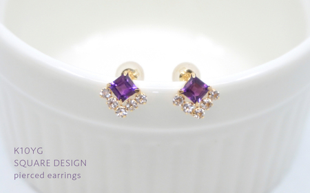 K10 イエローゴールド スクエアデザイン アメジストピアス 管理番号686606 218-181-am