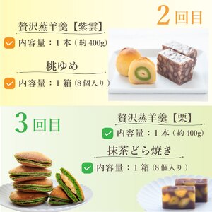 【定期便全3回】皇室献上菓匠 三省堂 贅沢和菓子セット 3か月 羊羹 フィナンシェ 桃ゆめ 栗羊羹 抹茶どら焼き 本格和スイーツ（VYD）E6-930