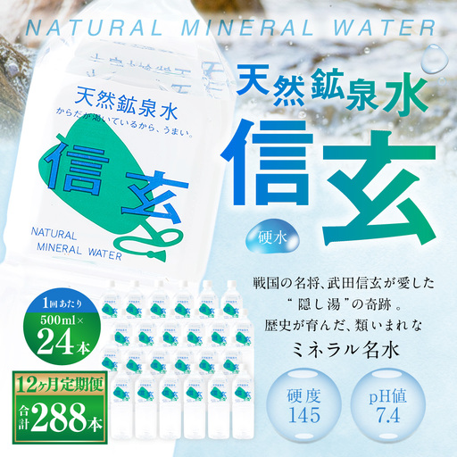 【12ヶ月定期便】天然鉱泉水「信玄」ナチュラルミネラルウォーター500ml × 24本入 飲料水 飲料 1L 天然水 みず 防災 保存水 8,880円