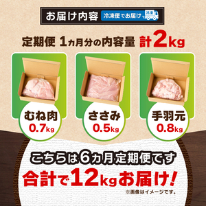＼＼6ヶ月定期便／／山梨県産＜健味鶏＞むね肉、ささみ、手羽元 セット（計2kg×6ヶ月）