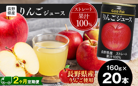 【定期便2回】果汁 100％ 長野県産 りんご ジュース 160g×20本
